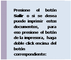 Cuadro de texto: Presione el botón Salir o si se desea puede imprimir estos documentos, para eso presione el botón de la impresora, haga doble click encima del botón correspondiente:
 
 